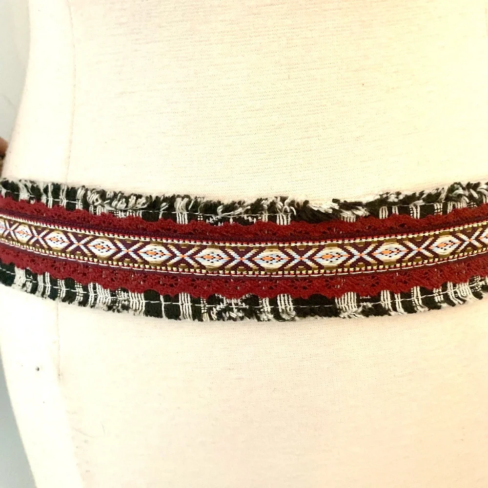 90s Aztec tribal print woven cloth fringe belt Bohemian Boho